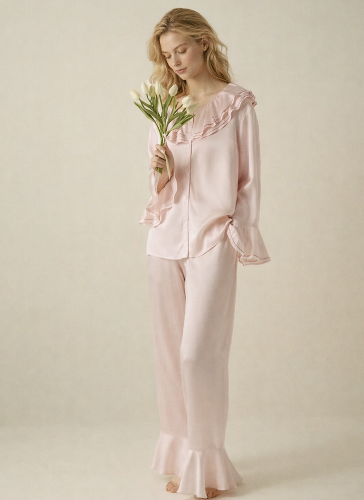 French Style Silk Pajama Set with Ruffled Design