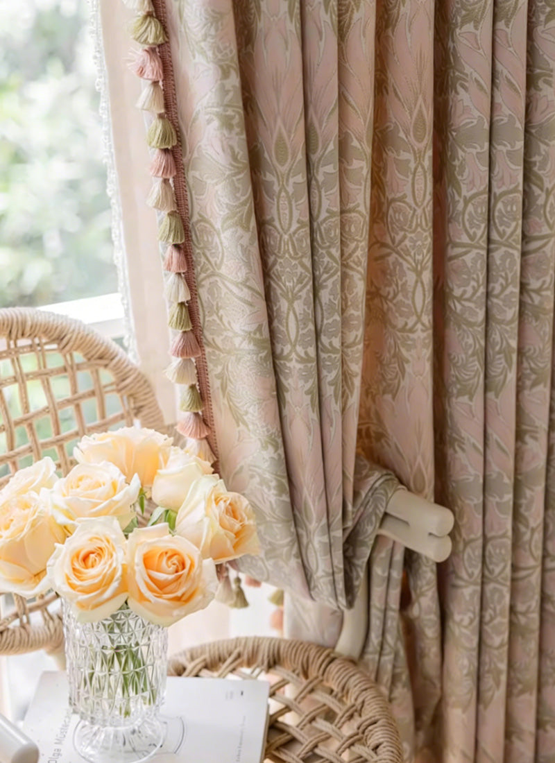 French Floral Woven Cotton Curtains – Vintage Flower Vine Pattern Elegant Palace Style Drapes