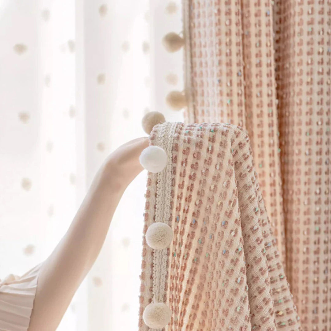 Pink Vibrant Leopard-Print Drapes – Textured Pom-Pom Trimmed Curtains (USA, EU)