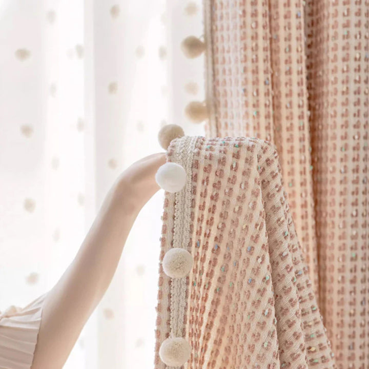 Pink Vibrant Leopard-Print Drapes – Textured Pom-Pom Trimmed Curtains (USA, EU)