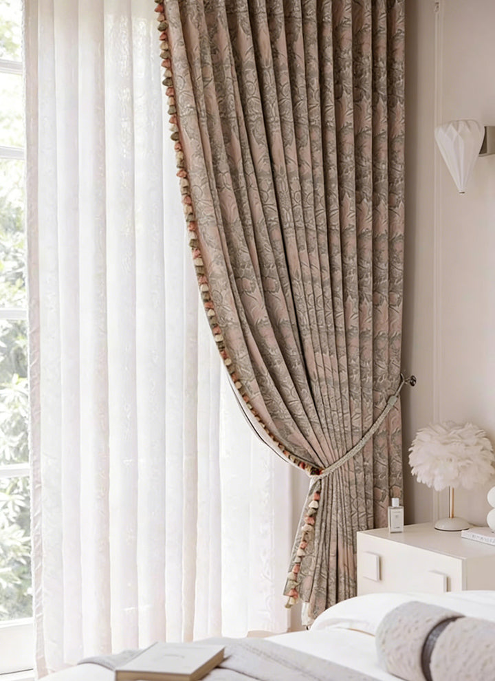 French Floral Woven Cotton Curtains – Vintage Flower Vine Pattern Elegant Palace Style Drapes