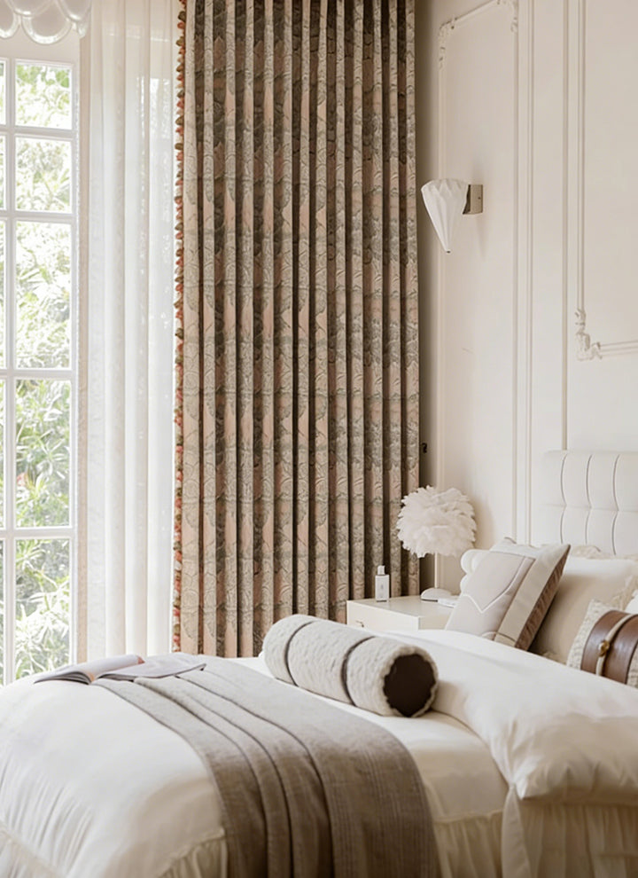 French Floral Woven Cotton Curtains – Vintage Flower Vine Pattern Elegant Palace Style Drapes