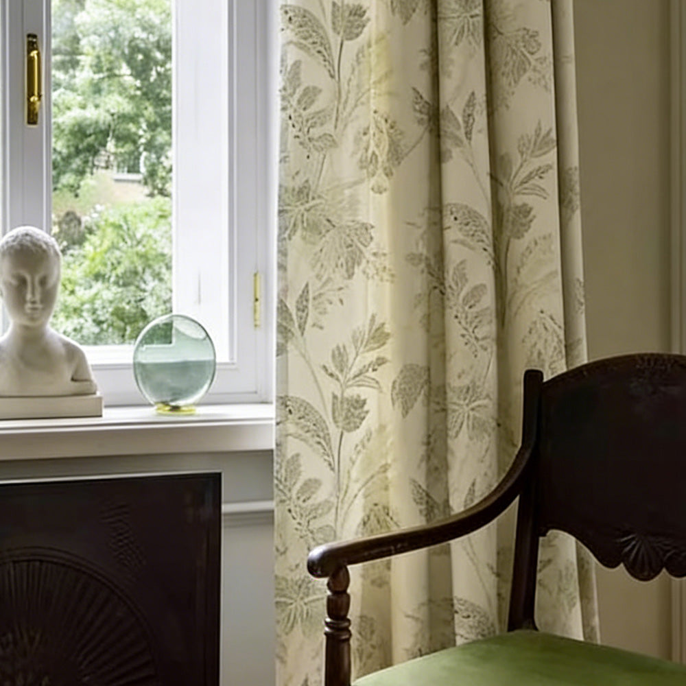Country Floral Drapery – Cream & Green Pleated Elegant Floral Curtains for Traditional Living Rooms (USA, EU)