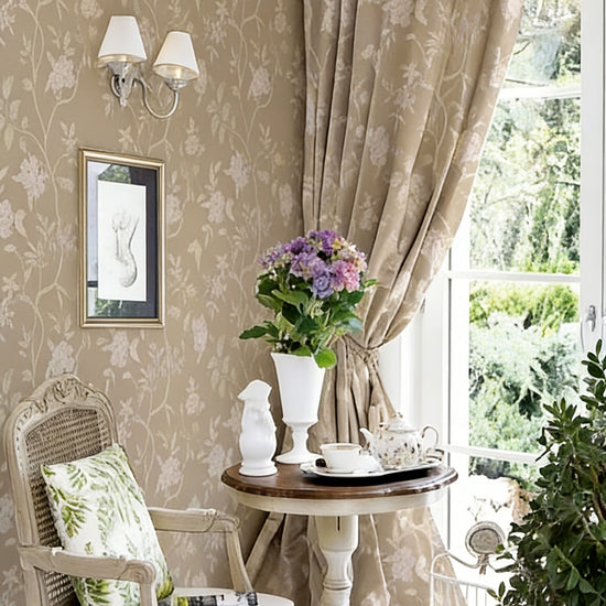 Beige Country Floral Drapery – Pleated Elegant Floral Curtains for Classic Tea Rooms (US, UK, EU)