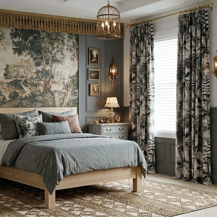 Dark Green Tropical Botanical Printed Curtains – Custom Pleated Plush Drapes for Timeless Traditional Bedrooms (USA, EU)