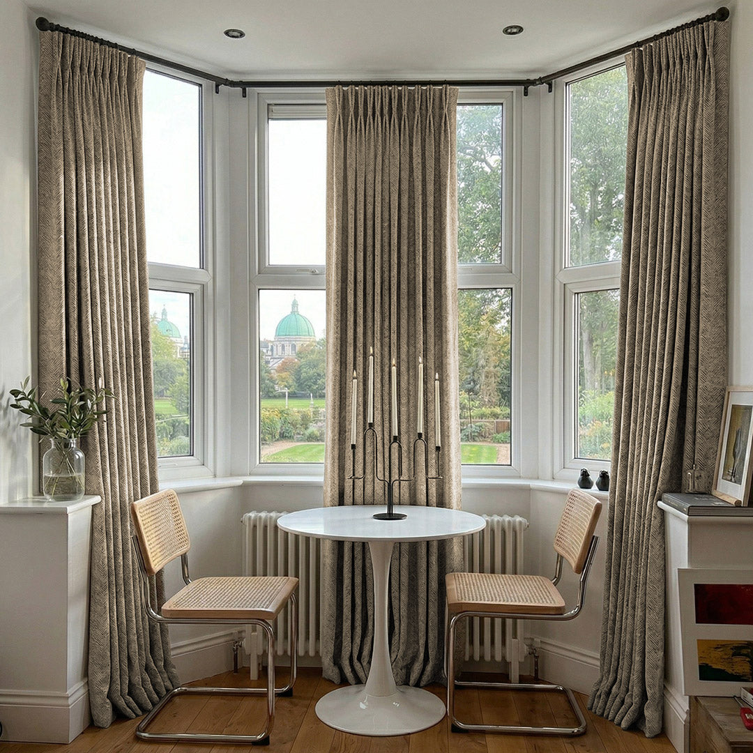 Light Taupe V-Shaped Striped Curtains – Elegant Drapes for Bay Window Dining Nooks (North America, Europe)