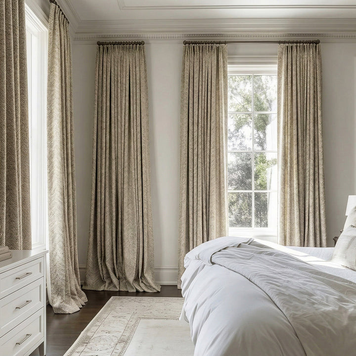 Light Beige V-Shaped Striped Curtains – Elegant Drapes for Timeless Traditional Bedrooms (US, UK, EU)
