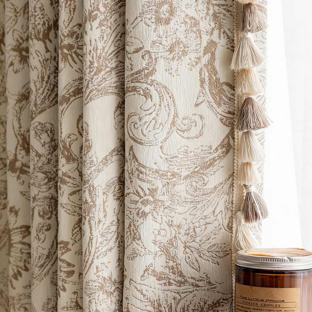 Vintage Floral Blackout Curtains – Beige Tassel Trimmed Textured Drapes (USA, EU)