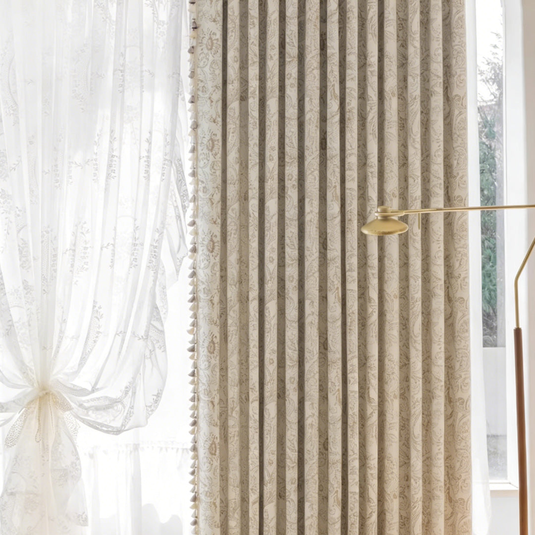 Vintage Floral Blackout Curtains – Beige Tassel Trimmed Drapes with Sheer Layer (North America, Europe)