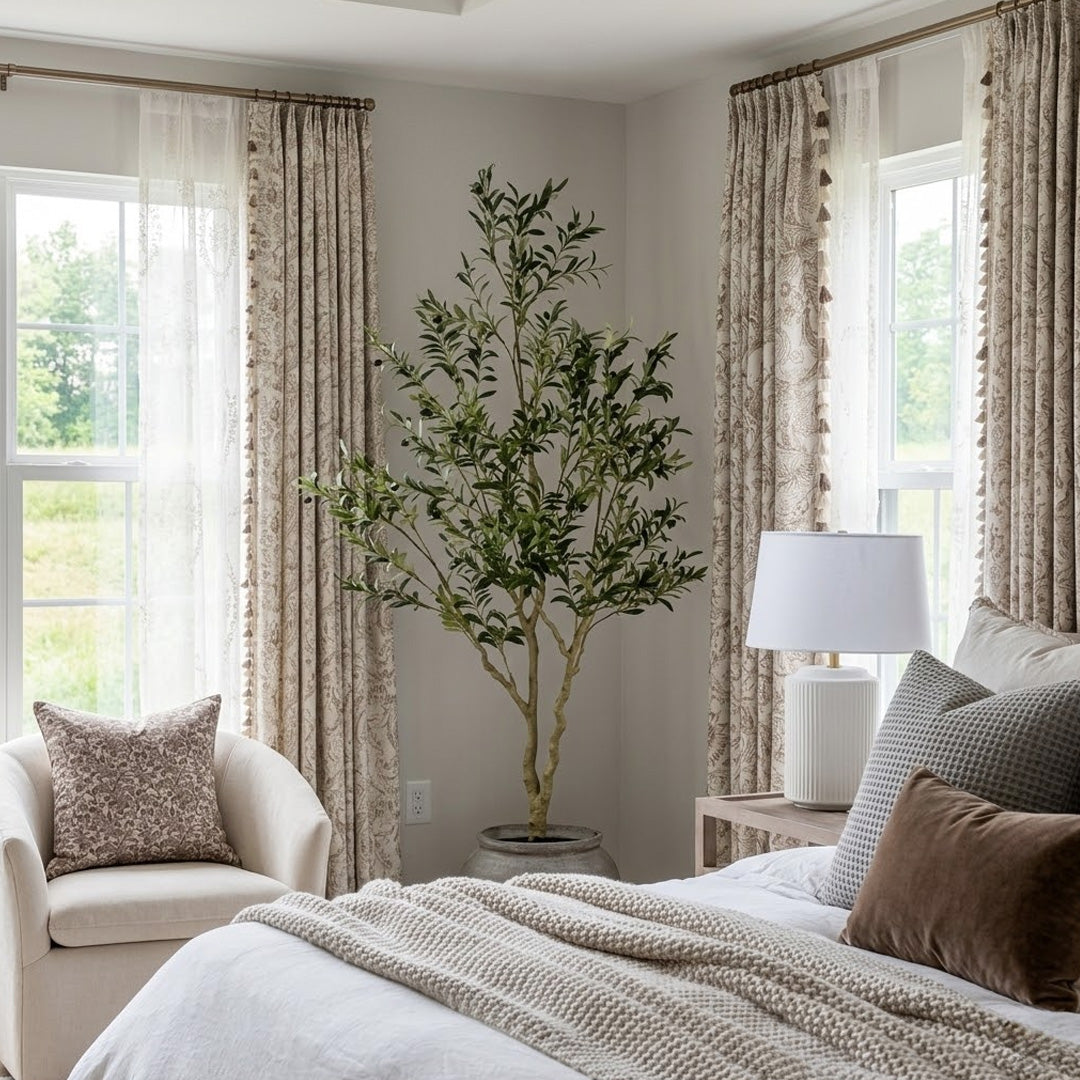 Vintage Floral Blackout Curtains – Beige Tassel Drapes for Serene Farmhouse Bedrooms (US, UK, EU)