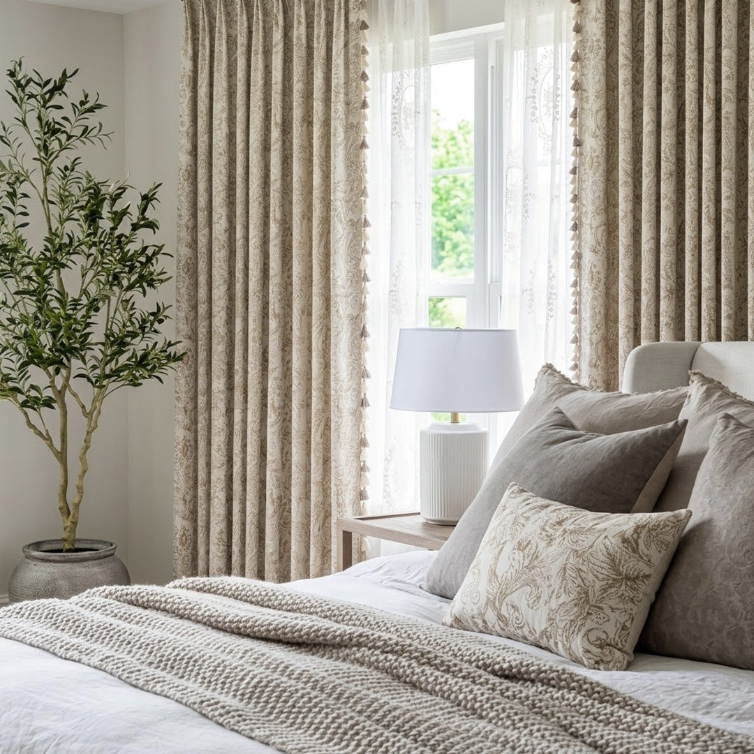 Vintage Floral Blackout Curtains – Beige Tassel Trimmed Drapes for Cozy Bedroom Nooks (USA, Canada, EU)