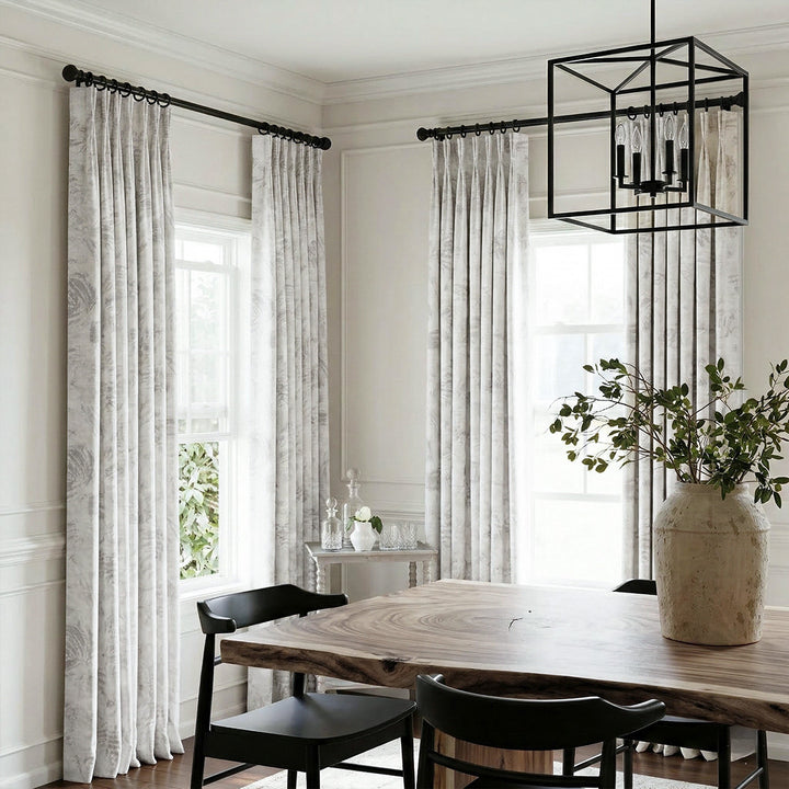 Light Gray Botanical Sketch Printed Curtains – Custom Pleated Plush Drapes for Minimalist Dining Rooms (North America, Europe)