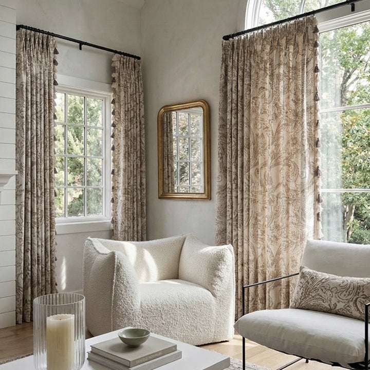 Vintage Floral Blackout Curtains – Beige Tassel Drapes for Timeless Living Room Decor (North America, Europe)