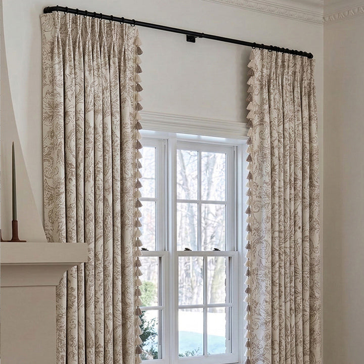 Vintage Floral Blackout Curtains – Beige Tassel Trimmed Drapes for Traditional Fireplace Windows (USA, EU)