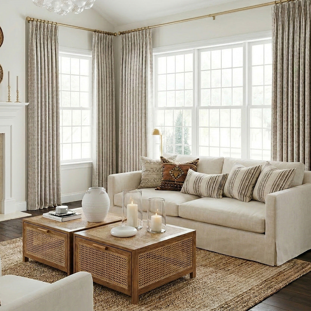 Light Brown Striped Textured Curtains – Custom Pleated Plush Drapes for Classic Farmhouse Living Rooms (US, UK, EU)