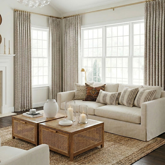 Light Brown Striped Textured Curtains – Custom Pleated Plush Drapes for Classic Farmhouse Living Rooms (US, UK, EU)