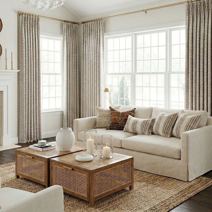 Light Brown Striped Textured Curtains – Custom Pleated Plush Drapes for Classic Farmhouse Living Rooms (US, UK, EU)