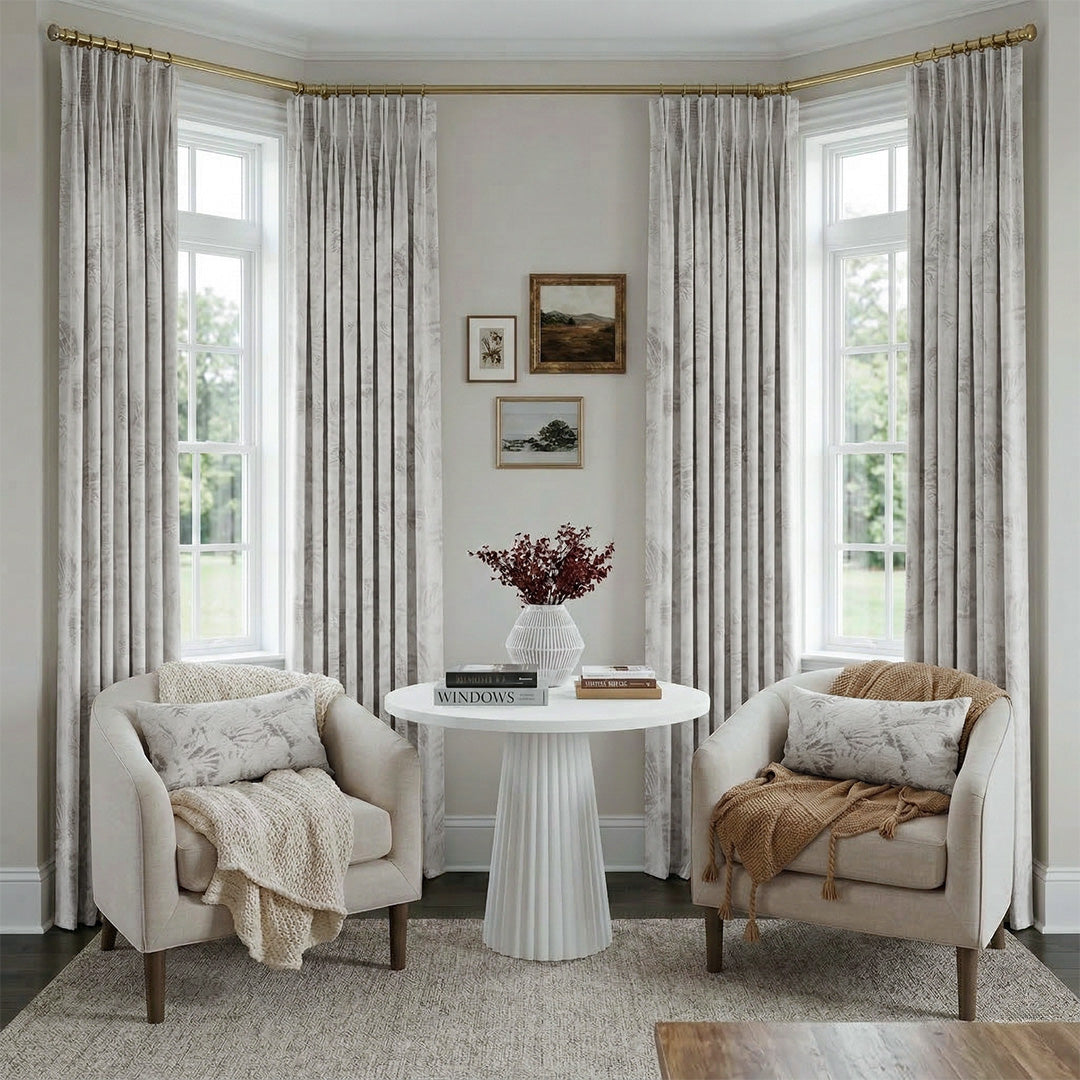 Light Gray Botanical Sketch Printed Curtains – Custom Pleated Plush Drapes for Cozy Corner Sitting Areas (USA, Canada, EU)