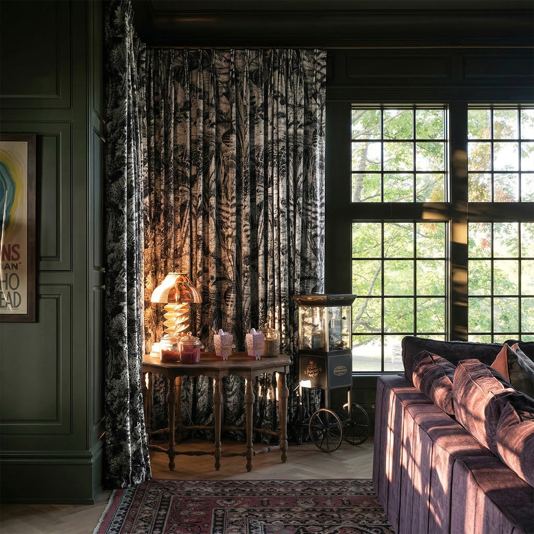 Black & White Tropical Botanical Printed Curtains – Custom Pleated Plush Drapes for Moody Modern Living Spaces (North America, Europe)