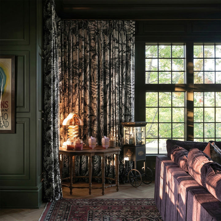 Black &amp; White Tropical Botanical Printed Curtains – Custom Pleated Plush Drapes for Moody Modern Living Spaces (North America, Europe)