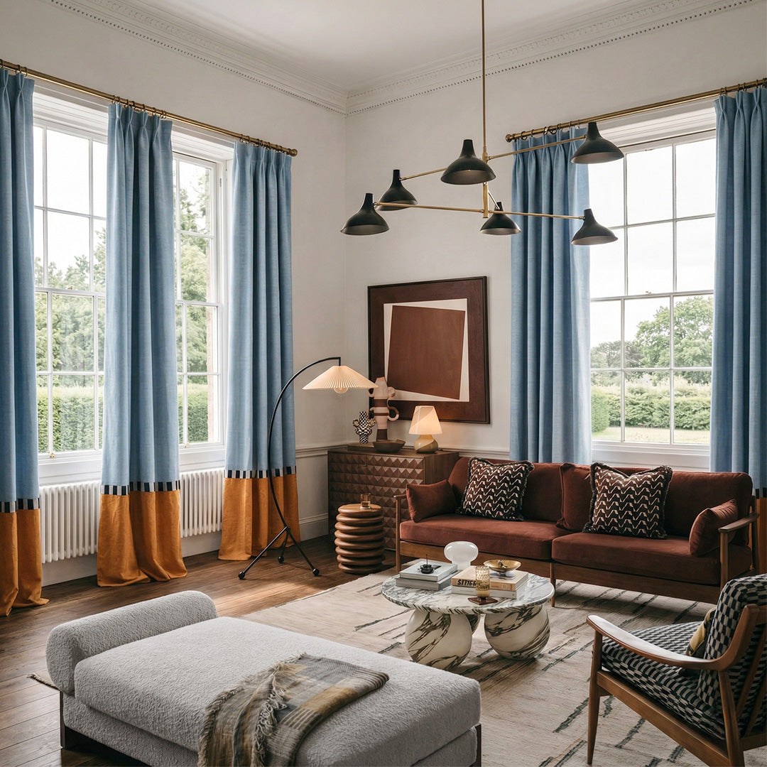 Color Block Curtains Blue & Tan – Bold Drapes for Mid-Century Modern Living Spaces (USA, EU)