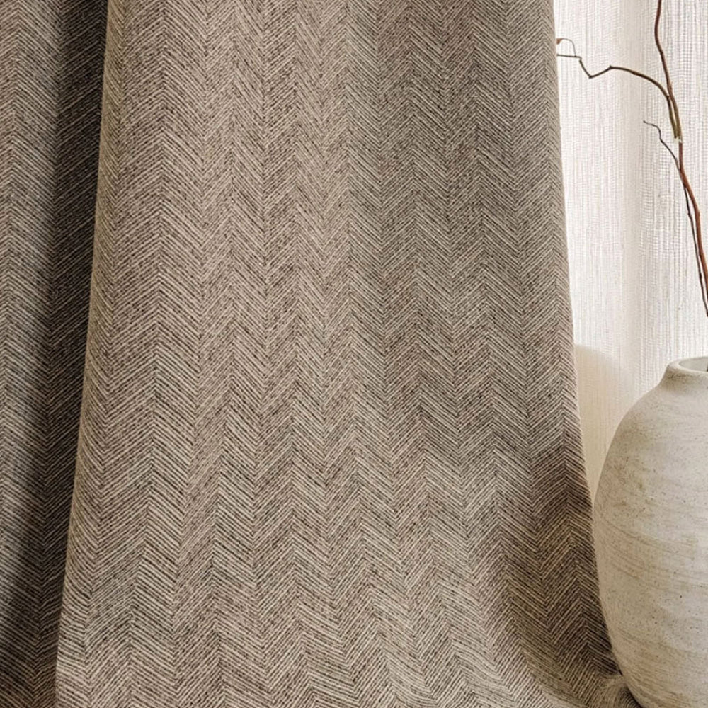 Dark Brown V-Shaped Striped Curtains – Close-up of Elegant Herringbone Textured Fabric (USA, Canada, EU)