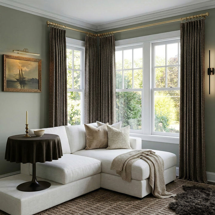 Dark Brown Vertical Striped Textured Curtains – Custom Pleated Plush Drapes for Elegant Modern Living Rooms (North America, Europe)