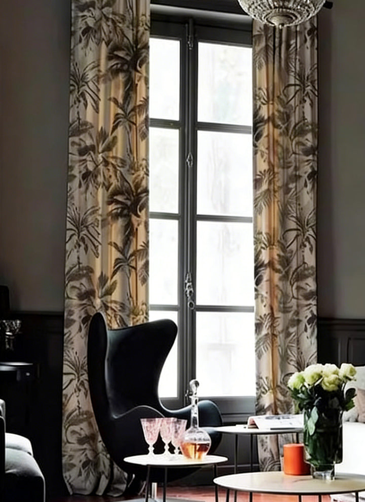 Beige Palm Leaf Country Floral Drapery – Pleated Elegant Floral Curtains for Modern Living Spaces (North America, Europe)
