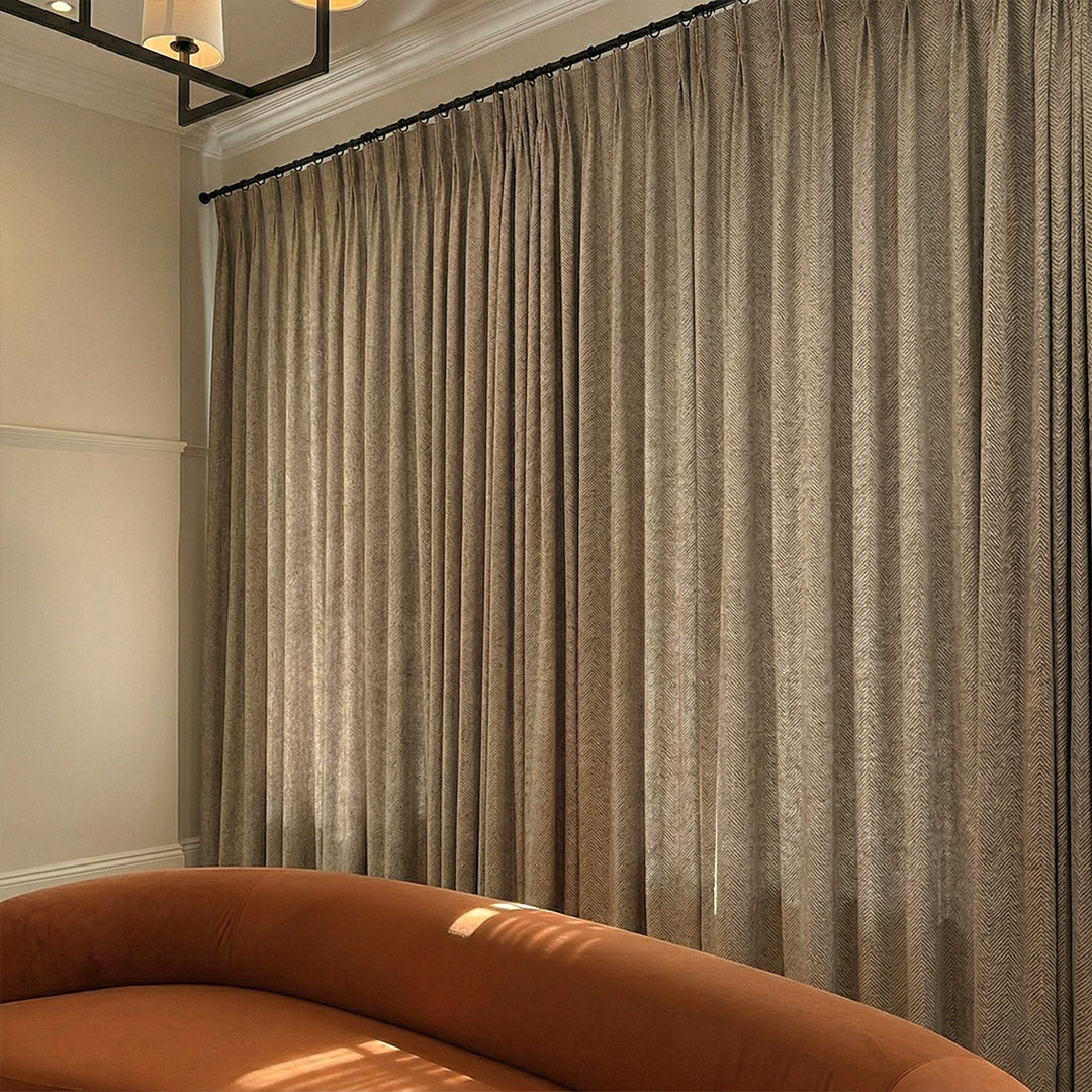 Light Taupe V-Shaped Striped Curtains – Elegant Drapes for Curved Living Room Partitioning (USA, EU)