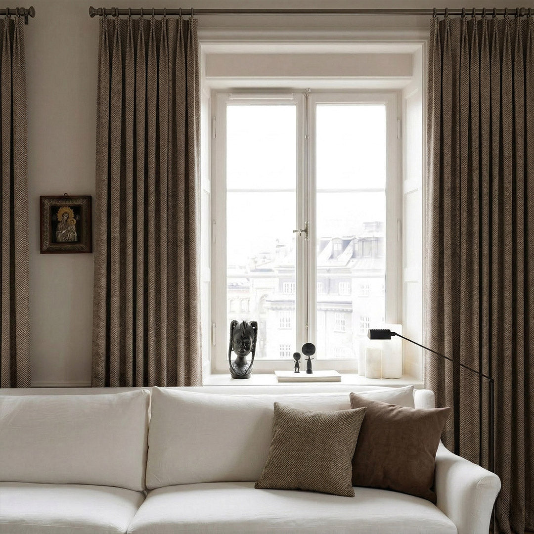 Dark Brown V-Shaped Striped Curtains – Elegant Drapes for Urban City View Living Spaces (North America, Europe)