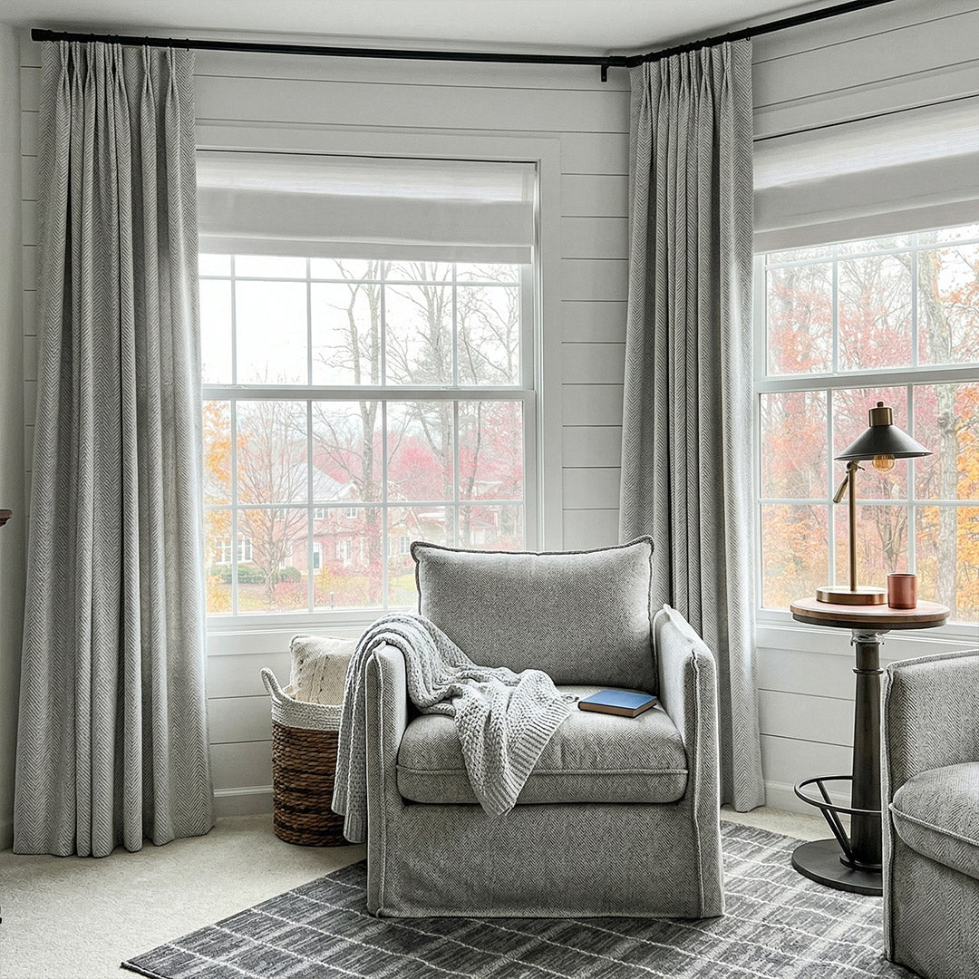 Light Gray V-Shaped Striped Curtains – Elegant Drapes for Cozy Autumn Reading Nooks (US, UK, EU)
