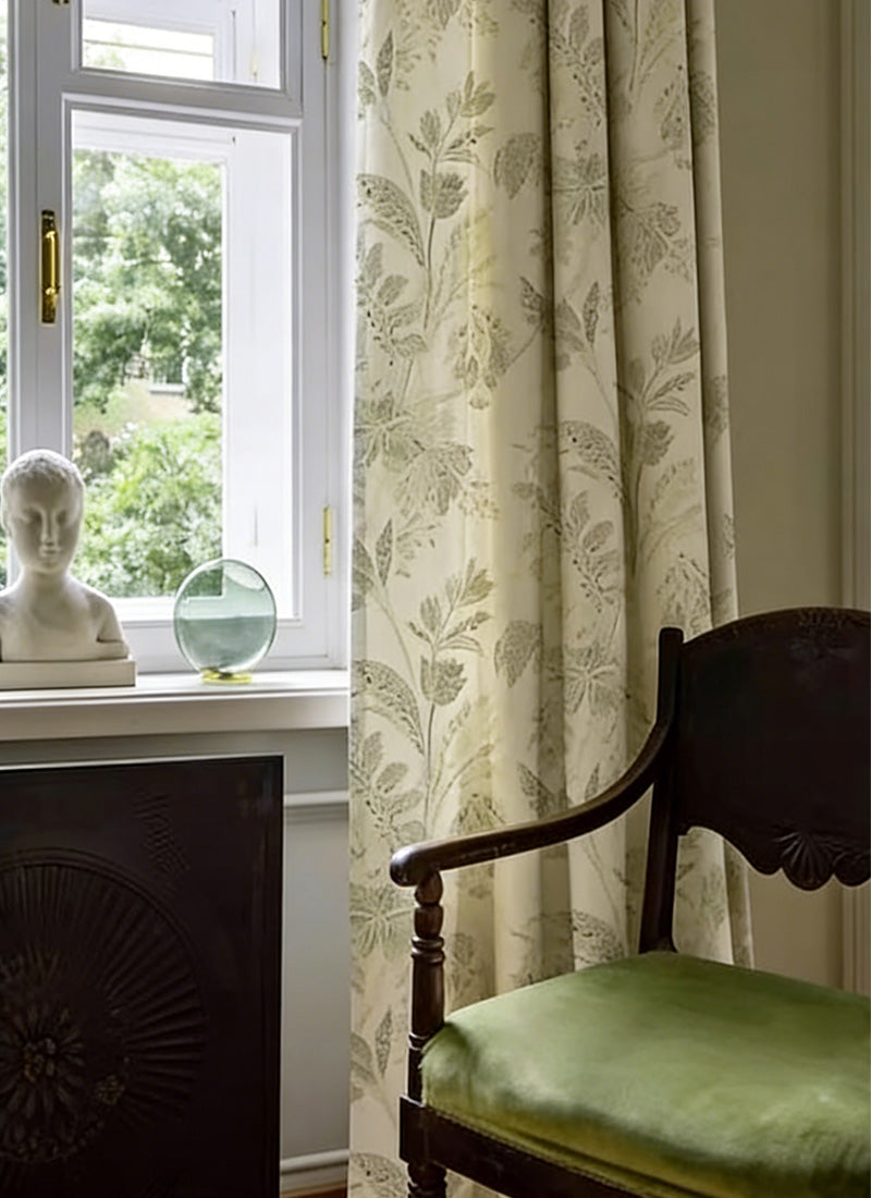 Cream &amp; Green Country Floral Drapery – Pleated Elegant Floral Curtains for Traditional Home Decor (North America, Europe)