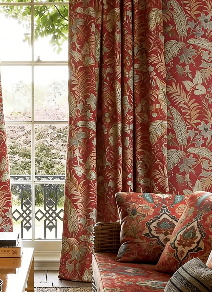 Red Vintage Country Floral Drapery – Pleated Elegant Floral Curtains for Traditional Home Decor (USA, Canada, EU)