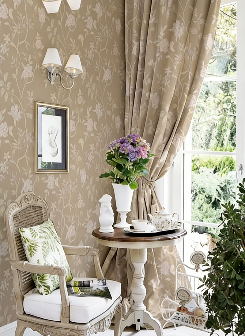 Beige Country Floral Drapery – Pleated Elegant Floral Curtains for Classic Tea Rooms (US, UK, EU)