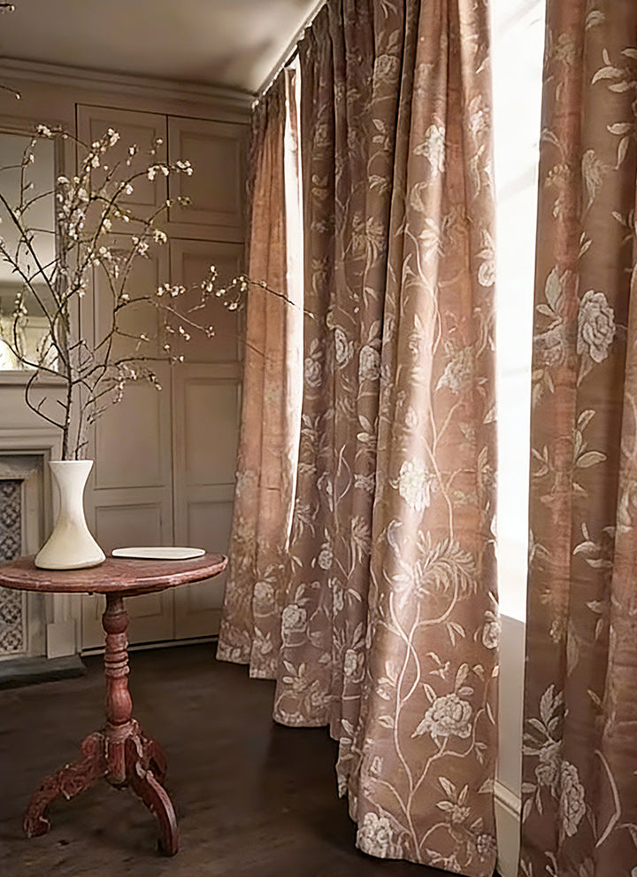 Warm Taupe Country Floral Drapery – Pleated Elegant Floral Curtains for Traditional Entryways (USA, Canada, EU)