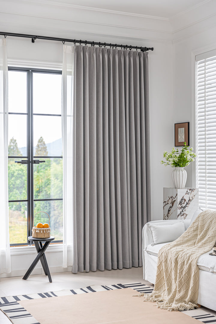 Phantom gray retro linen blackout curtains||Misty Illusion