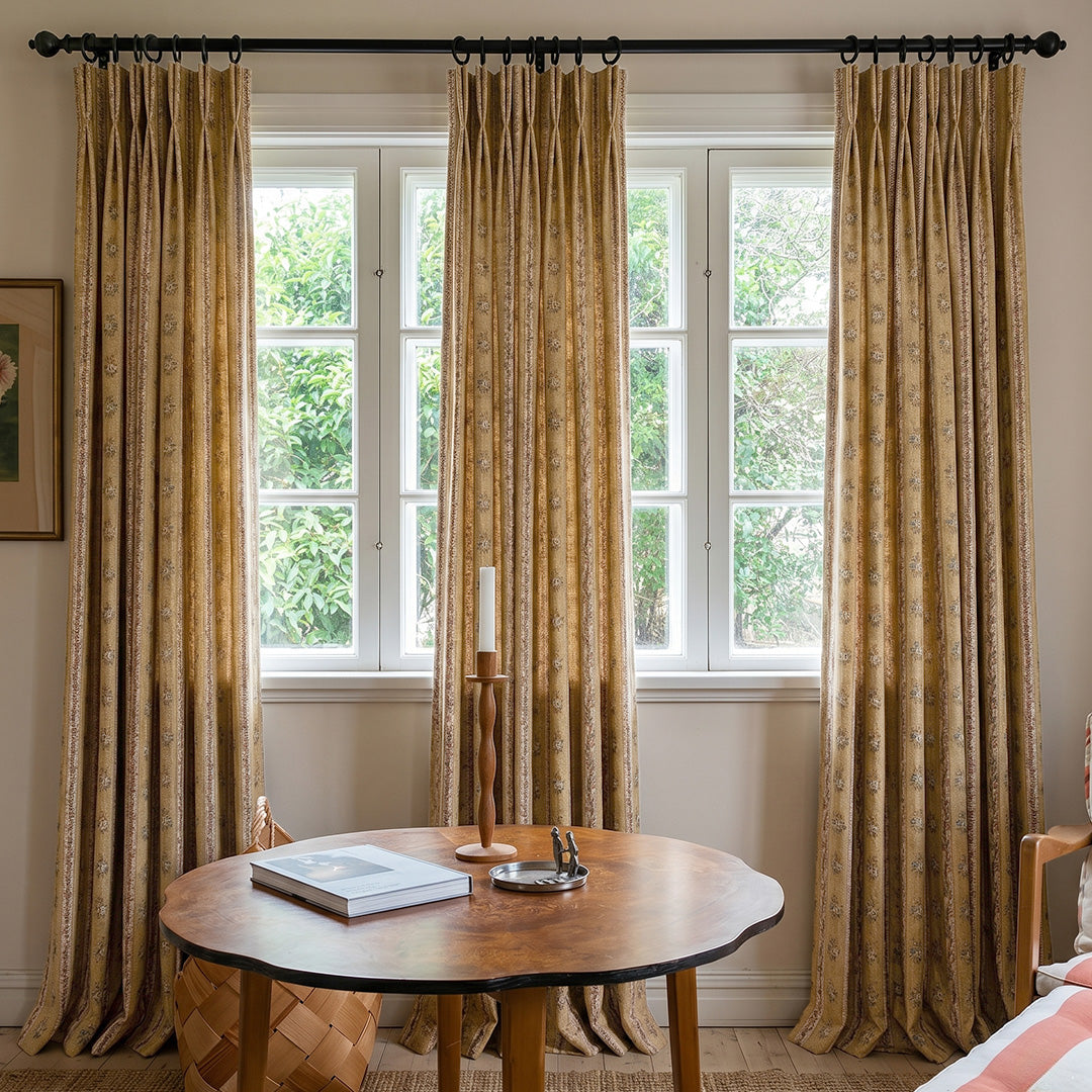 Vintage Floral Linen Sheer Curtains – Shabby Chic Beige Semi Sheer Drapes, Boho Window Panel