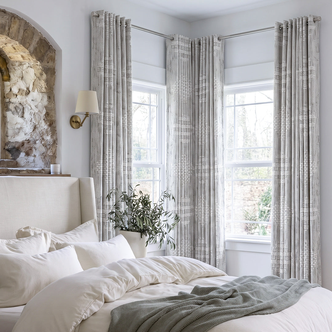 hugmoom Custom Geometric Linen Jacquard Drapes, diamond weave textured curtains in high-end farmhouse bedroom