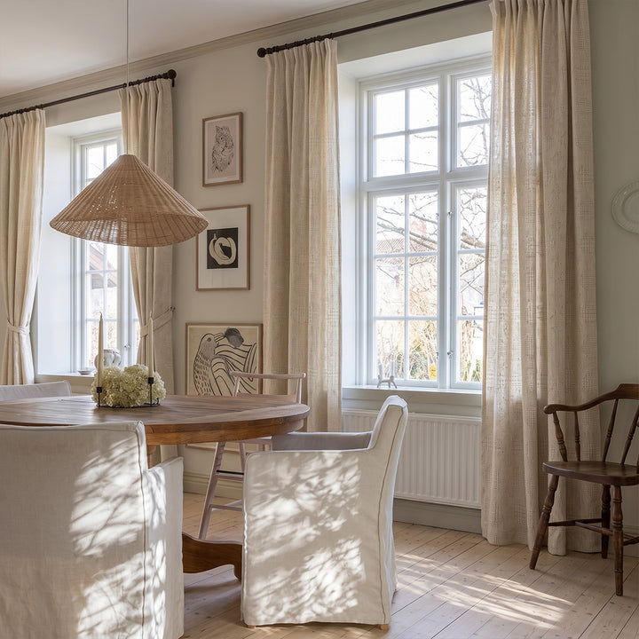 hugmoom Custom Geometric Linen Jacquard Drapes, diamond weave textured curtains in high-end farmhouse bedroom