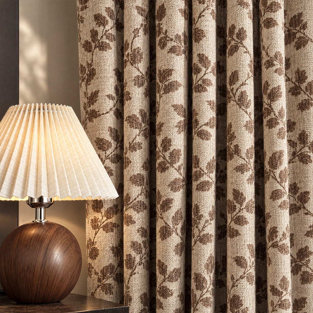 hugmoom Custom Jacquard Vine Botanical Weave Drapes, Brown Linen Textured Luxury Printed Curtains, Plush Texture Vintage Leaf Curtain Closeup