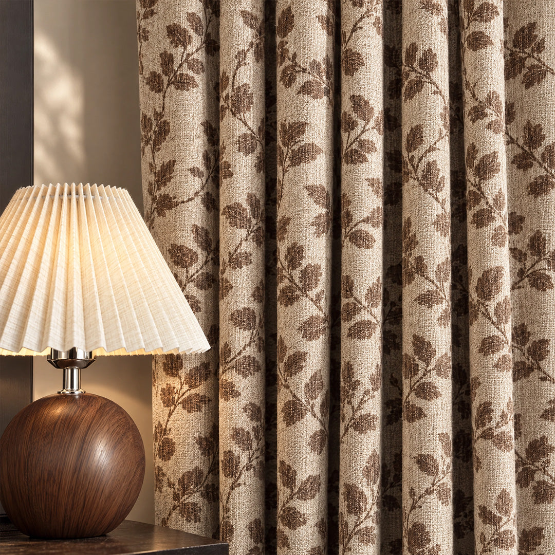 hugmoom Custom Jacquard Vine Botanical Weave Drapes, Brown Linen Textured Luxury Printed Curtains, Plush Texture Vintage Leaf Curtain Closeup
