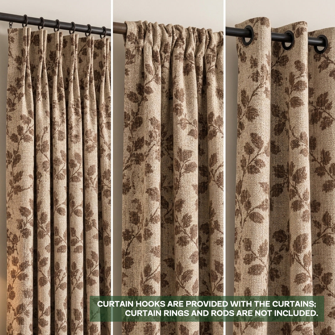 hugmoom Custom Jacquard Vine Botanical Weave Drapes, Brown Linen Textured Curtain Header Styles, Pinch Pleat Rod Pocket Grommet Custom Pleated Drapes