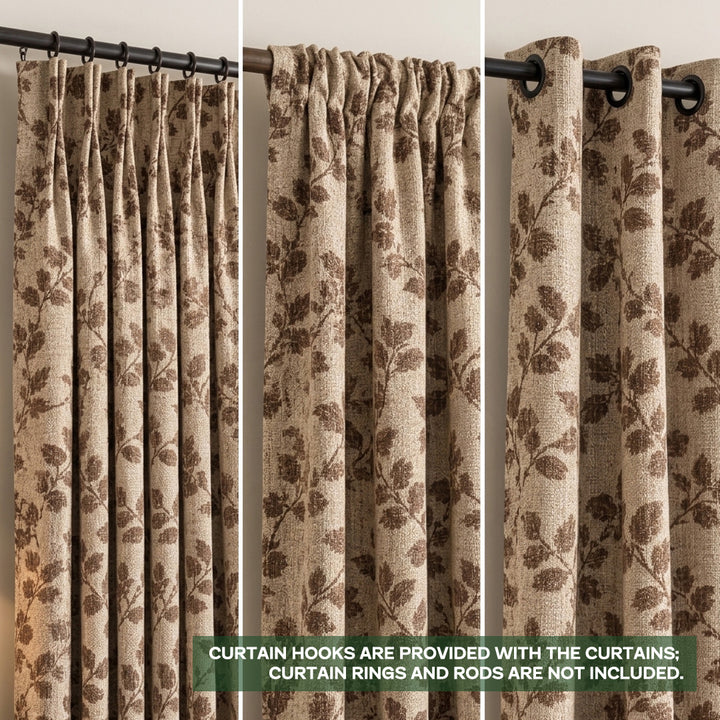 hugmoom Custom Jacquard Vine Botanical Weave Drapes, Brown Linen Textured Curtain Header Styles, Pinch Pleat Rod Pocket Grommet Custom Pleated Drapes
