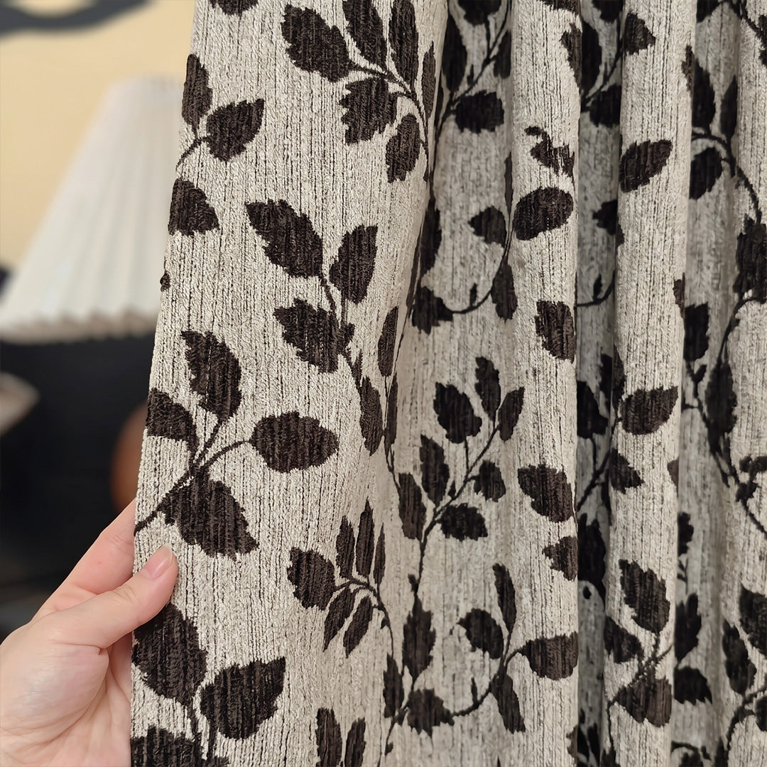 hugmoom Custom Jacquard Vine Botanical Weave Drapes, Dark Brown Botanical Leaf Linen Curtain, Plush Textured Fabric Hand Touch Closeup