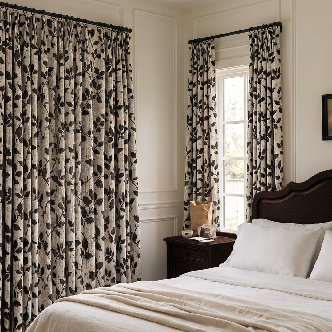 hugmoom Custom Jacquard Vine Botanical Weave Drapes, Luxury Dark Leaf Linen Curtains, Custom Pleated Drapes for Classic Bedroom Interior