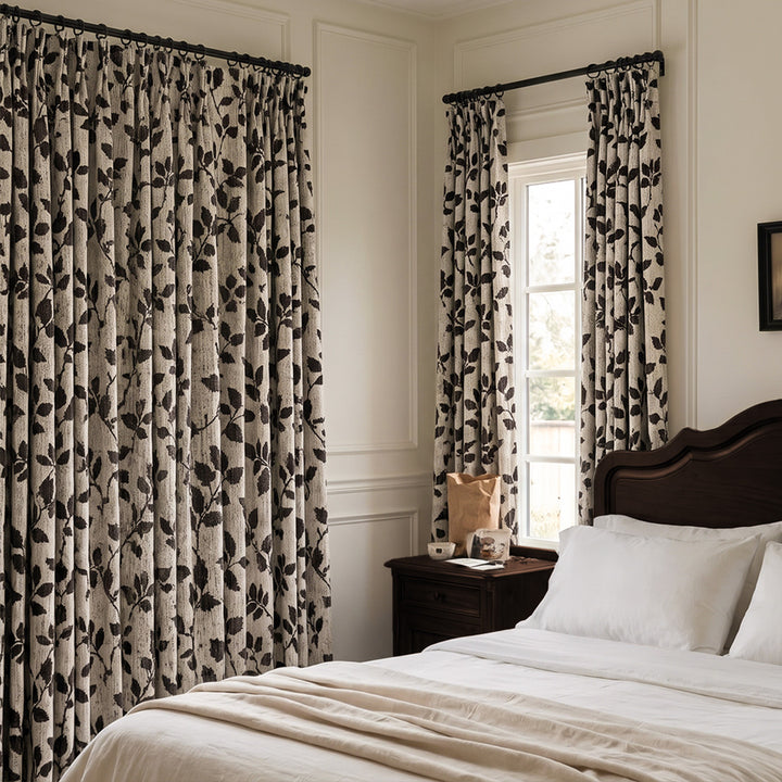 hugmoom Custom Jacquard Vine Botanical Weave Drapes, Luxury Dark Leaf Linen Curtains, Custom Pleated Drapes for Classic Bedroom Interior
