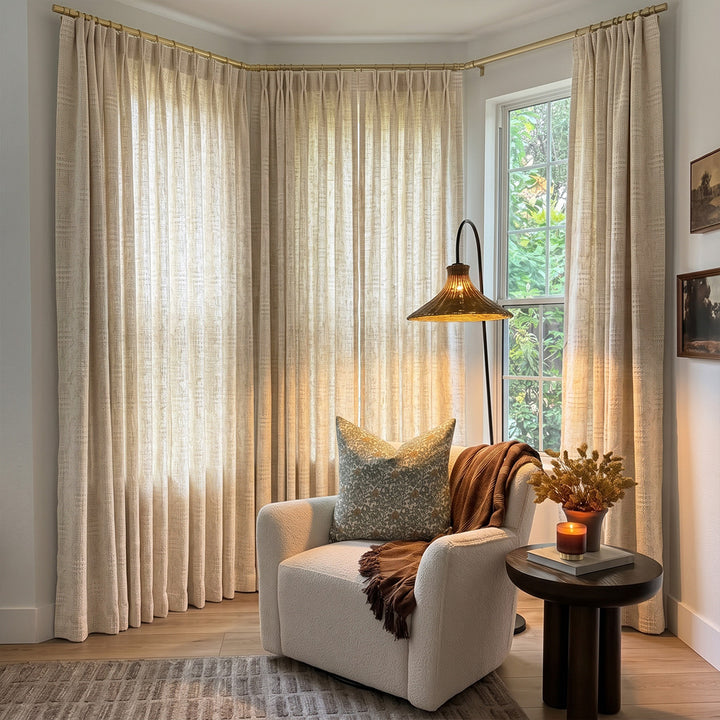 hugmoom Custom Linen Jacquard Drapes, geometric diamond weave curtains in cozy estate living room corner, warm neutral home interior