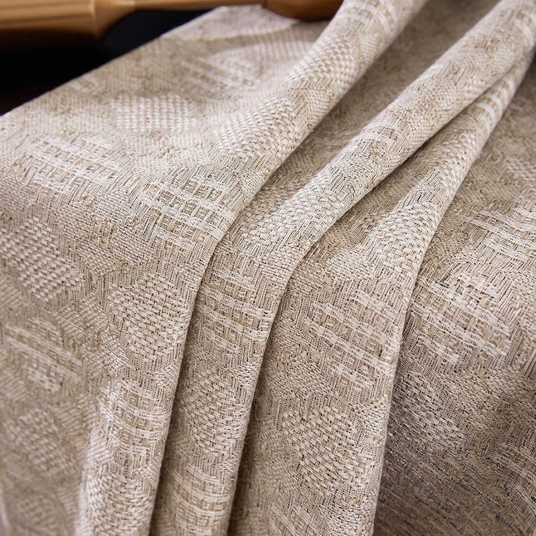 hugmoom Geometric Linen Jacquard Curtains, custom textured diamond weave fabric detail shot, premium woven drape material