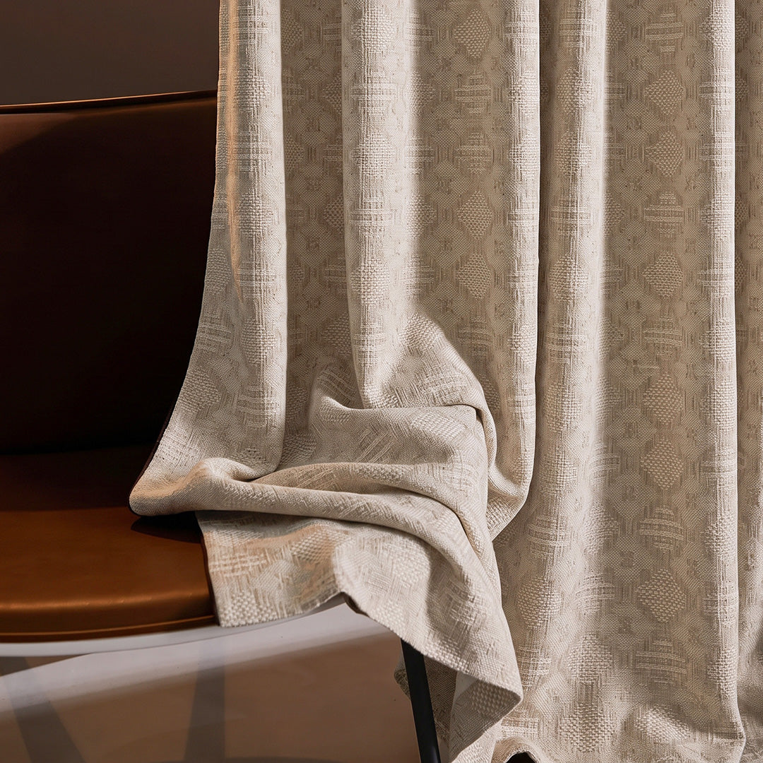 hugmoom Linen Jacquard Curtains, Custom Diamond Weave Textured Drapes close-up, natural beige fabric texture, luxury home decor