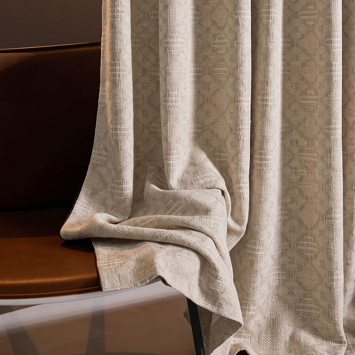 hugmoom Linen Jacquard Curtains, Custom Diamond Weave Textured Drapes close-up, natural beige fabric texture, luxury home decor